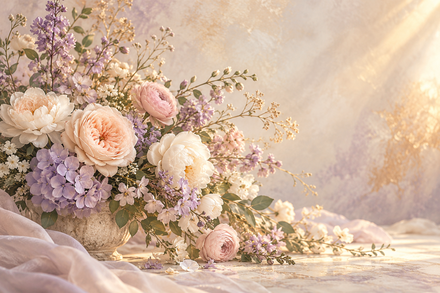 Soft lavender and blush flowers glowing in warm light